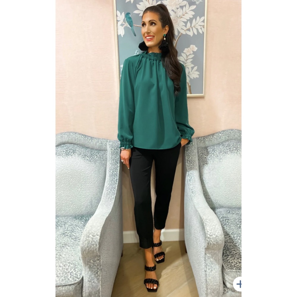 STS Sail to Sable Teal Blue Ruffle Mock Neck Smocked Cuff Blouse Small